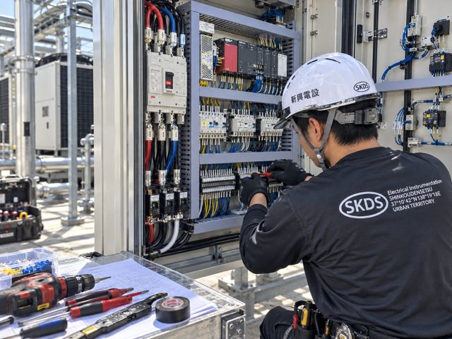 制御盤内を結線する新興電設の技術者
